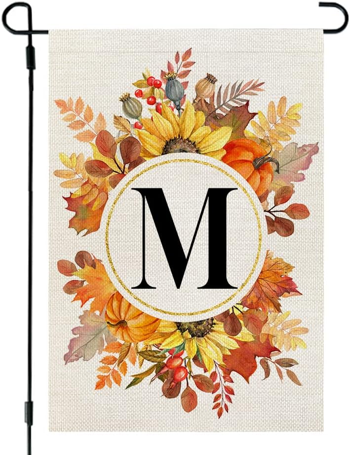Flags - CROWNED BEAUTY Fall Monogram Letter M Garden Flag Sunflower Pumpkin Leaves 12x18 Inch Double Sided Outside Small Burlap Family Last Name Initial Yard Decoration CF992-12