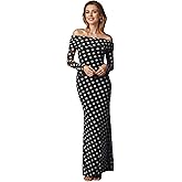RARITYUS Women's Elegant Polka Dot Off Shoulder Maxi Dress Sexy Sheer Mesh Long Sleeve Bodycon Dress Party Vacation Dress