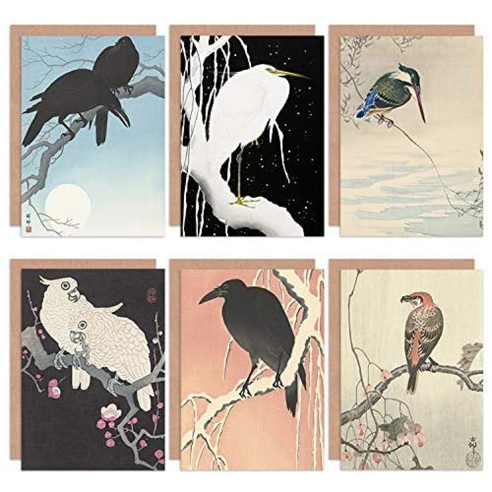 Artery8 Ohara Koson Japanese Crossbill Crow Cockatoo Kingfisher Heron Crows Fine Art Greeting Card Pack of 6