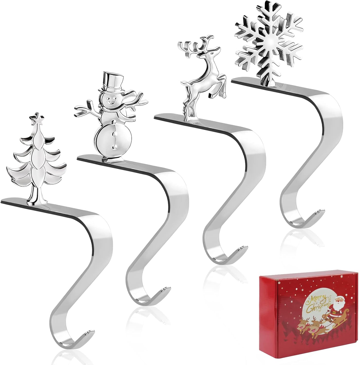 Stockings & Holders - Fudragtn Christmas Stocking Holders for Mantle Set of 4, Stocking Hanger Metal Holder for Mantel, Christmas Fireplace Mantel Stocking Hooks for Christmas Decor with a Gift Box Christmas Gifts