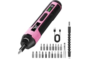 JENABOM Pink Electric Cordless Screwdriver, 3.6V Rechargeable Screwdriver, 5N.m Max Torque, 4-Gear Torque, LED Light, 21PCS,P