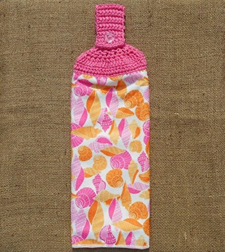 Pink and Orange Seashells Double Sided Microfiber Kitchen Towel With A Crocheted Top