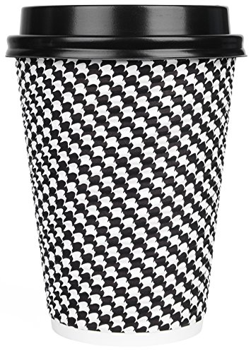 Disposable Hot Coffee Insulated Cups By Golden Spoon – 50 Pack Set Complete With Lids – Stylish Contemporary Ripple Design - Perfect For Take Away Coffee Shops And Bars (12 oz, Checkered Design)