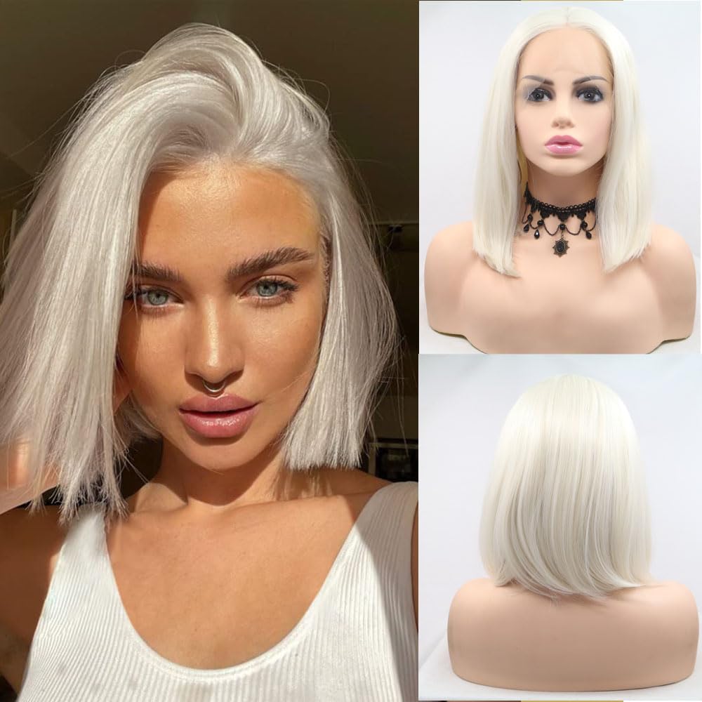 Xiweiya Wigs 14" Inches Straight Short Bob Wig Platinum Blonde Hair 13x3 Synthetic Lace Front Wig White Color with Middle Part Heat Resistant Fiber Hair for Women,Drag Queen Family Makeup Party Wear