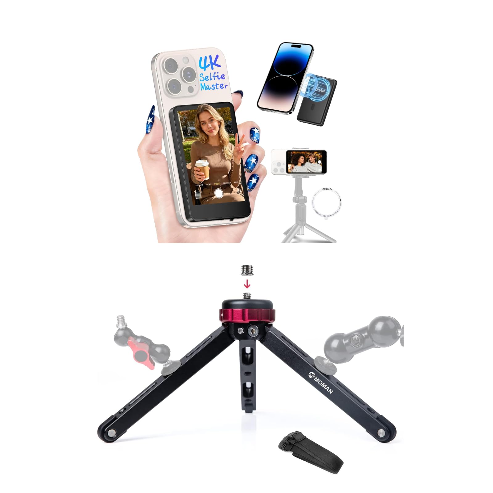 Mini Tripod, Moman Tabletop Camera Small Tripod Desktop TR01 with 1/4 and 3/8 Screw Mount and Function Leg CNC Aluminum Design for Camcorder Gimbal Stabilizers Max Payload of 176 Lbs/80Kg, Red Black