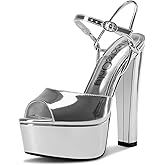 NobleOnly Platform Heels for Women Platform Sandals Chunky Block Peep Open Toe Ankle Strap Sandals Wedding Party Dress Shoes 5.9 Inches Heels