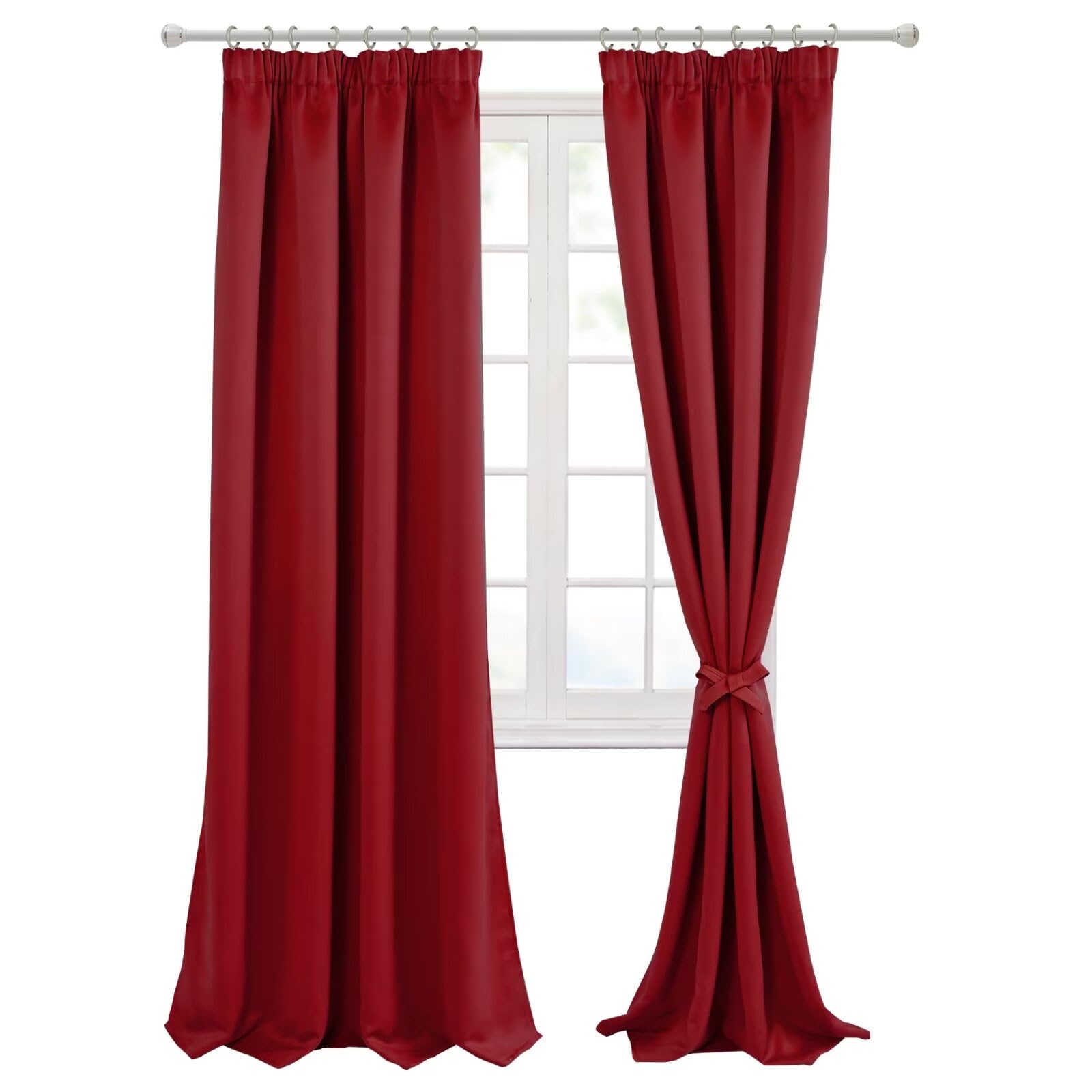 Hiasan Pencil Pleat Blackout Thermal Insulated Curtains, Bedroom and Living Room with Tiebacks, Energy Saving and Noise Reducing, 2 Panels, 46 x 90 Inch, Red