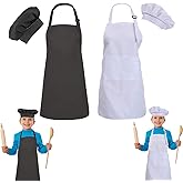 multifuns 2 Sets Black & White Kids Aprons and Chef Hat Set for Girls Boys Baking Cooking Painting 5-12 Ages