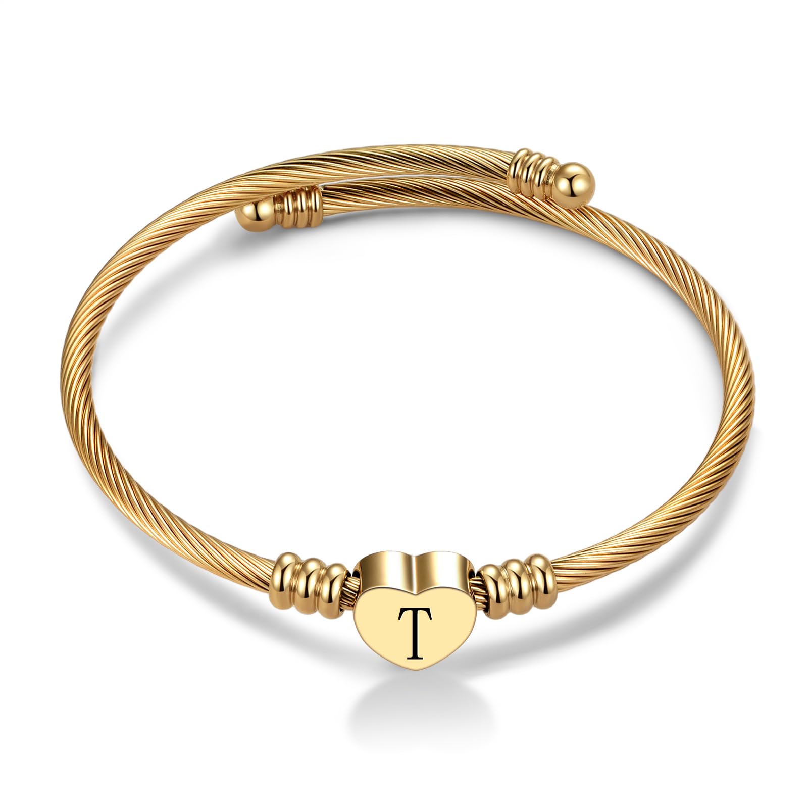 FGT T Initial Love Heart Letter Cuff Bangle Bracelets for Women Name Family Birthday Christmas Stainless Steel Alphabet Golden — image 1