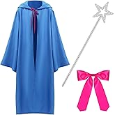 Cotwinter 3 Pcs Halloween Blue Fairy Hooded Cloak Cape Include Blue Fairy Hooded Cloak Wands Bow Tie for Women Cosplay Party