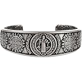 BaBakiak St Benedict Exorcism Medal Cuff Bracelet, Stainless Steel Christian Catholic Roman Cross Bangle, Patron Saint Amulet Medal Jewelry