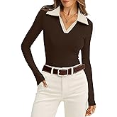 WIHOLL Womens Polo Shirts Long Sleeve Business Casual Tops Collared V Neck Ribbed Knit Sweater Slim Fit Blouses