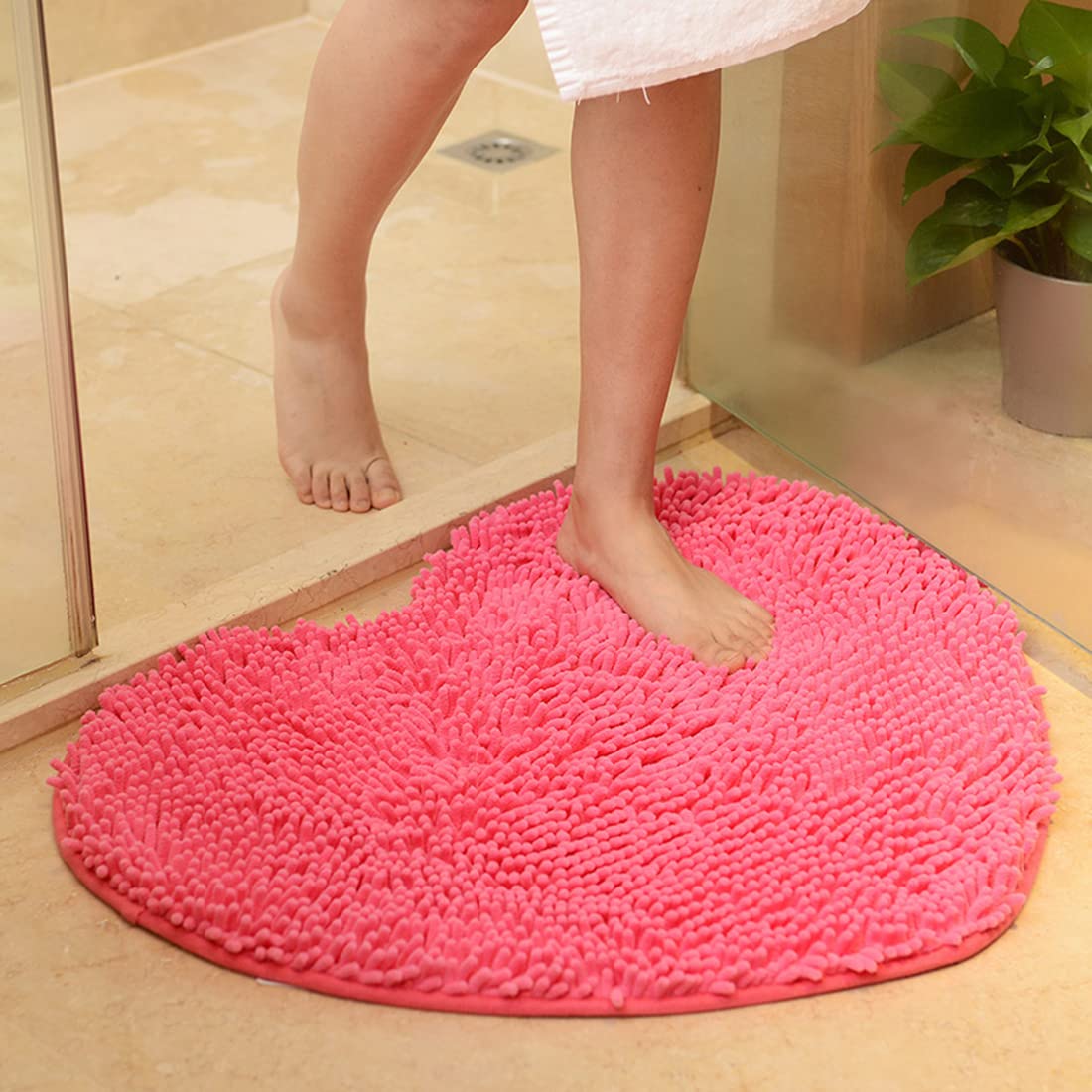 Photo 1 of JAIJY Pink Small Heart Shaped Chenille Bath Mat Soft Absorbent Plush Microfiber Bathroom Rug Non-Slip Machine Washable Shaggy Mats Carpet for Shower, Bedroom, Bathtub, 12"x18"