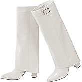 Ankis Fold Over Knee High Boots for Women Chunky Heels Pointed toe with Side Zipper Long Tall Boots