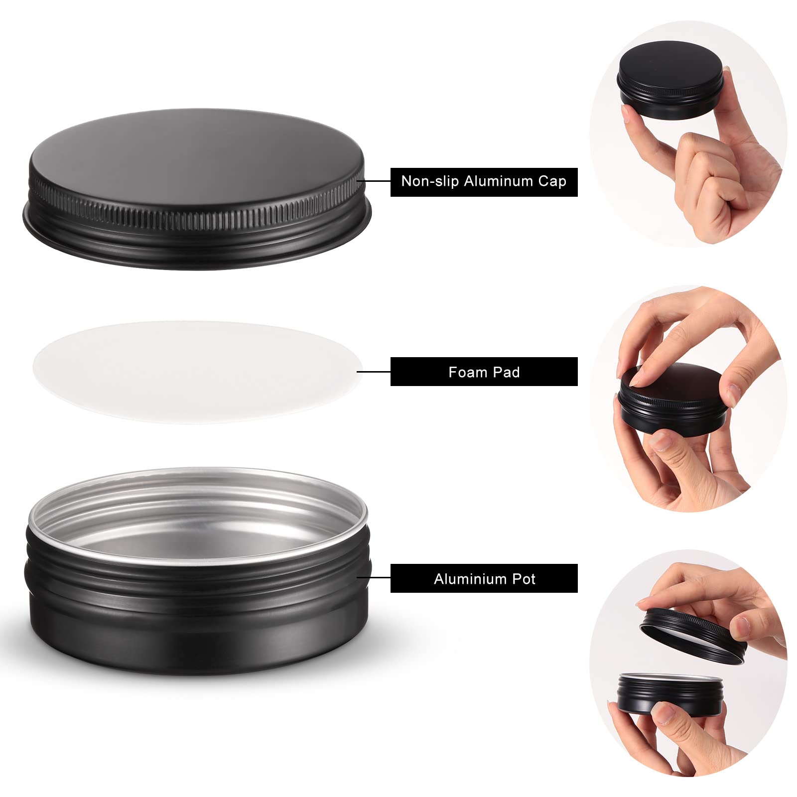 Therwen 96 Pcs Aluminum Tin Jars Containers Metal Leak Proof Cosmetic Tin Jars Containers Round Screw Lids Lip Balm Can Empty Refillable Cosmetic DIY Storage (1 x 2.7 Inch,Black)