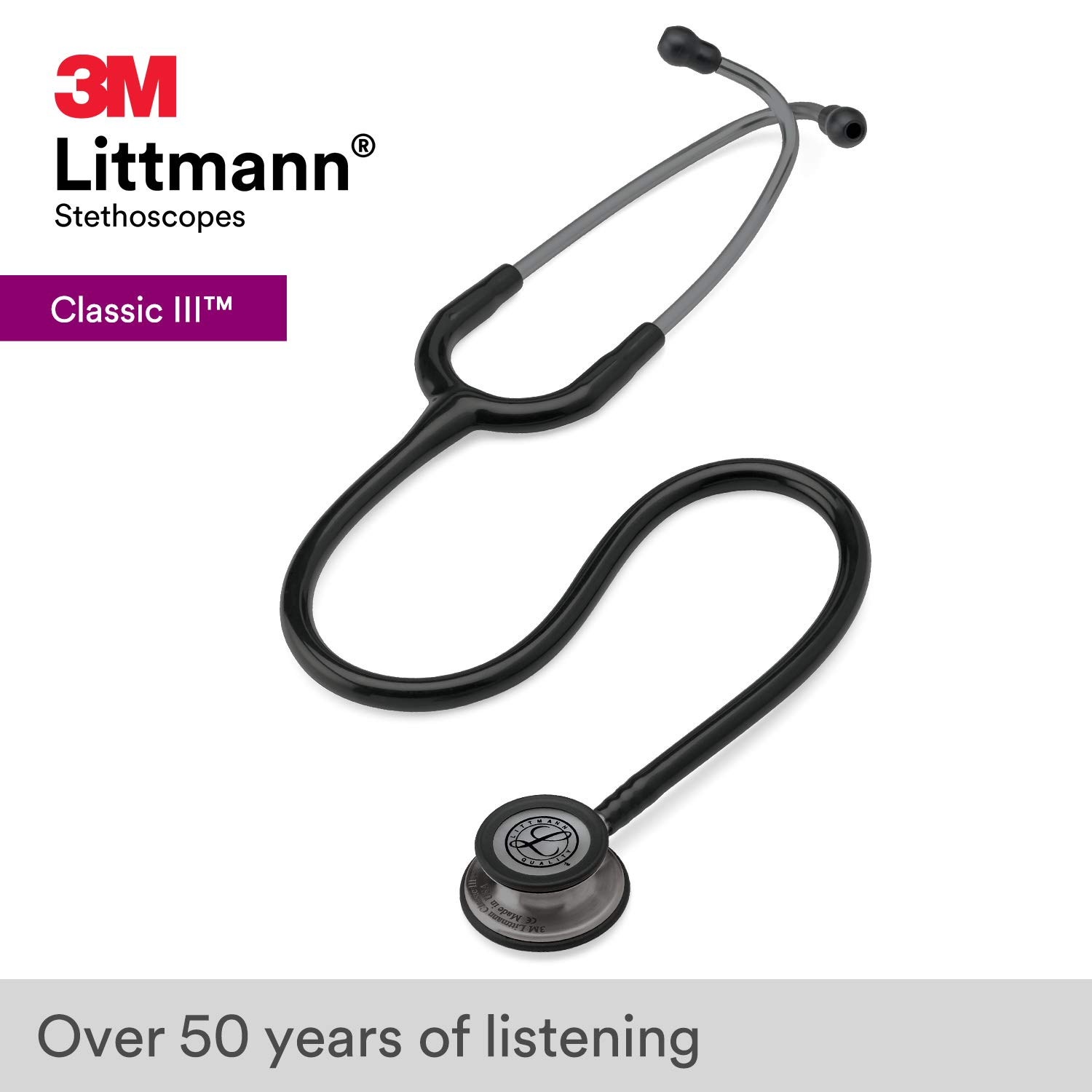 3M Littmann Classic III Monitoring Stethoscope, Smoke-Finish, Black Tube, 27 inch, 5811 - Image 3