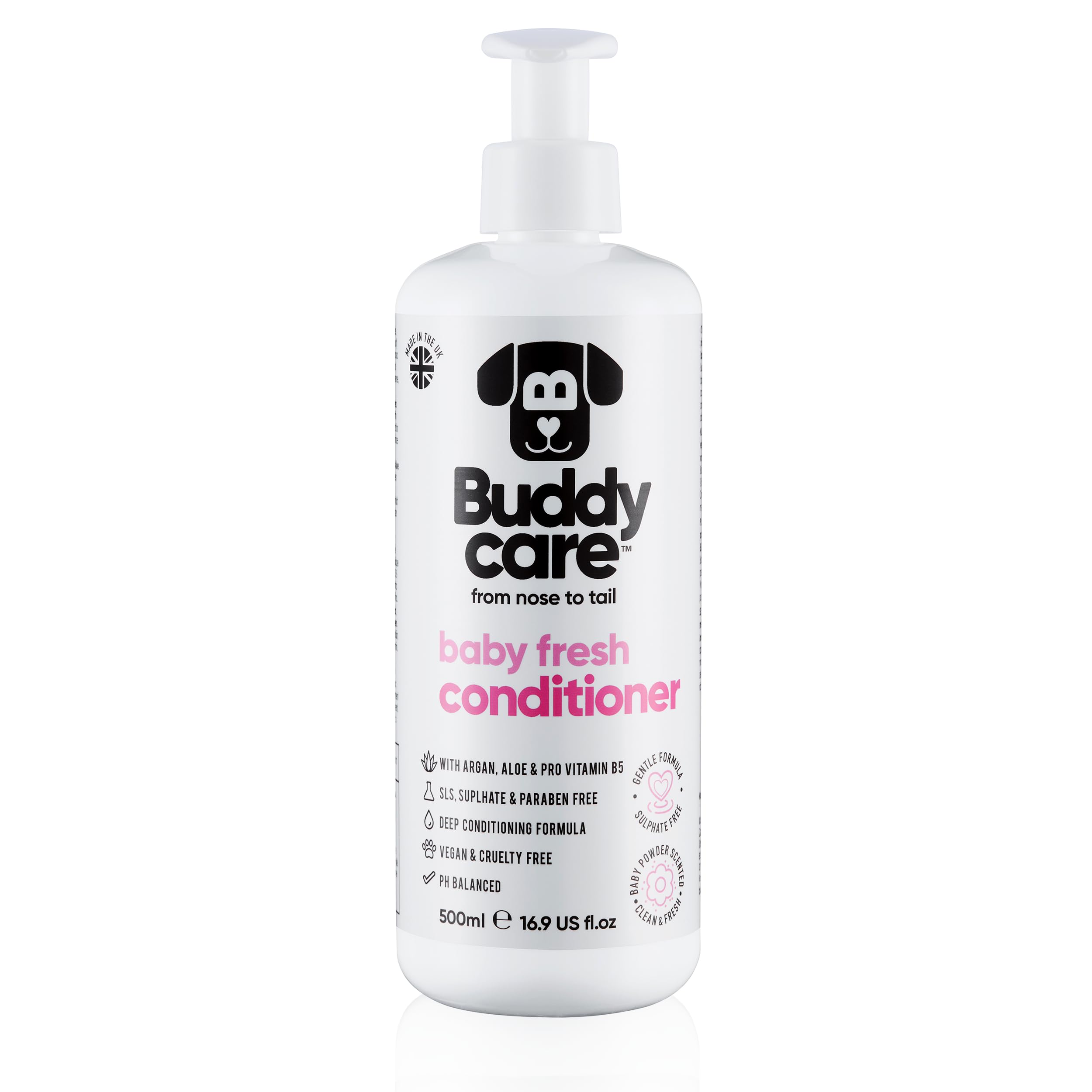 Buddycare Baby Fresh Dog Conditioner (500ml) Made with Aloe Vera, Argan Oil & Pro Vitamin B5 to Detangle Matted Coats & Relieve Sensitive & Itchy Skin, Suitable for Puppies from 8 Weeks, Vegan Formula