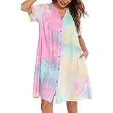 YOZLY House Dress Women Cotton Duster Robe Short Sleeve Housecoat Button Down Nightgown