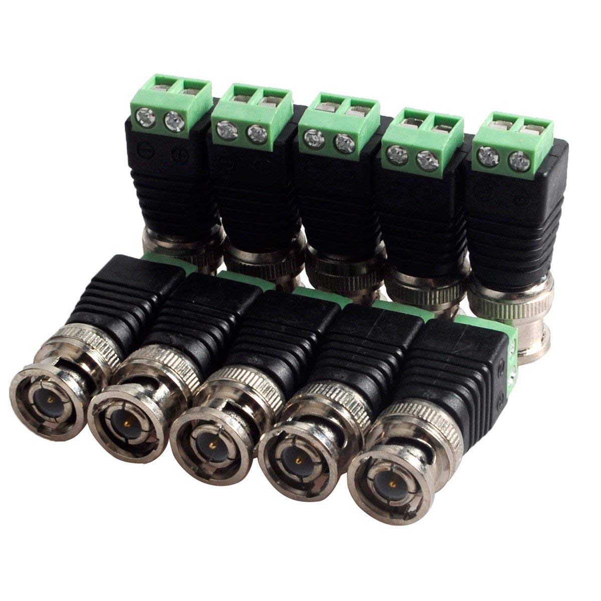 10-Pack BNC Connector Coaxial Cat5/Cat6 to BNC Male Video Balun Connector Screw Terminal Solderless Socket Adapters for CCTV Surveillance Camera, DVR, TV, Video