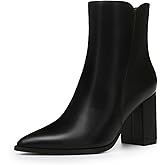Athlefit Women's Heeled Ankle Boots Fashion Pointed Toe Chunky Block Heel Side Zipper Short Booties