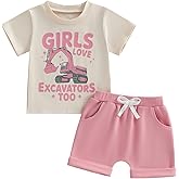 Fernvia Baby Girl Summer Clothes 3 6 12 18 24 Months Toddler Outfit Letter Tractor Short Sleeve Shirt Tops Shorts Set