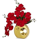 Briful Artificial Orchid Flowers in Gold Pot 15.7" Tall Red Velvet Faux Orchid Arrangement Silk Orchid Flower Fake Orchids Centerpiece for Home Office Room Wedding Table Décor