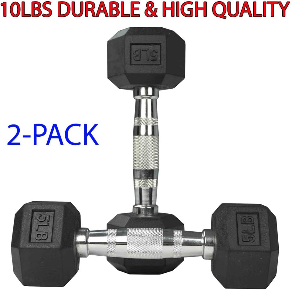 2-Pack 10Lbs Durable & Design Rubber Coated Hex Dumbbells Weight Training Set Designed for Use with Curls, Lifts, Squats, Press, and More (5lb Per Pair)