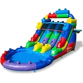 Wonder Dome Kids Backyard Building Block Theme Dual-Lane Water Slide | 21FT(L) Wet/Dry Backyard Water Slide, Splash Pool, Dual Lanes, Commercial-Grade PVC Material, 1HP Blower and Stakes Included
