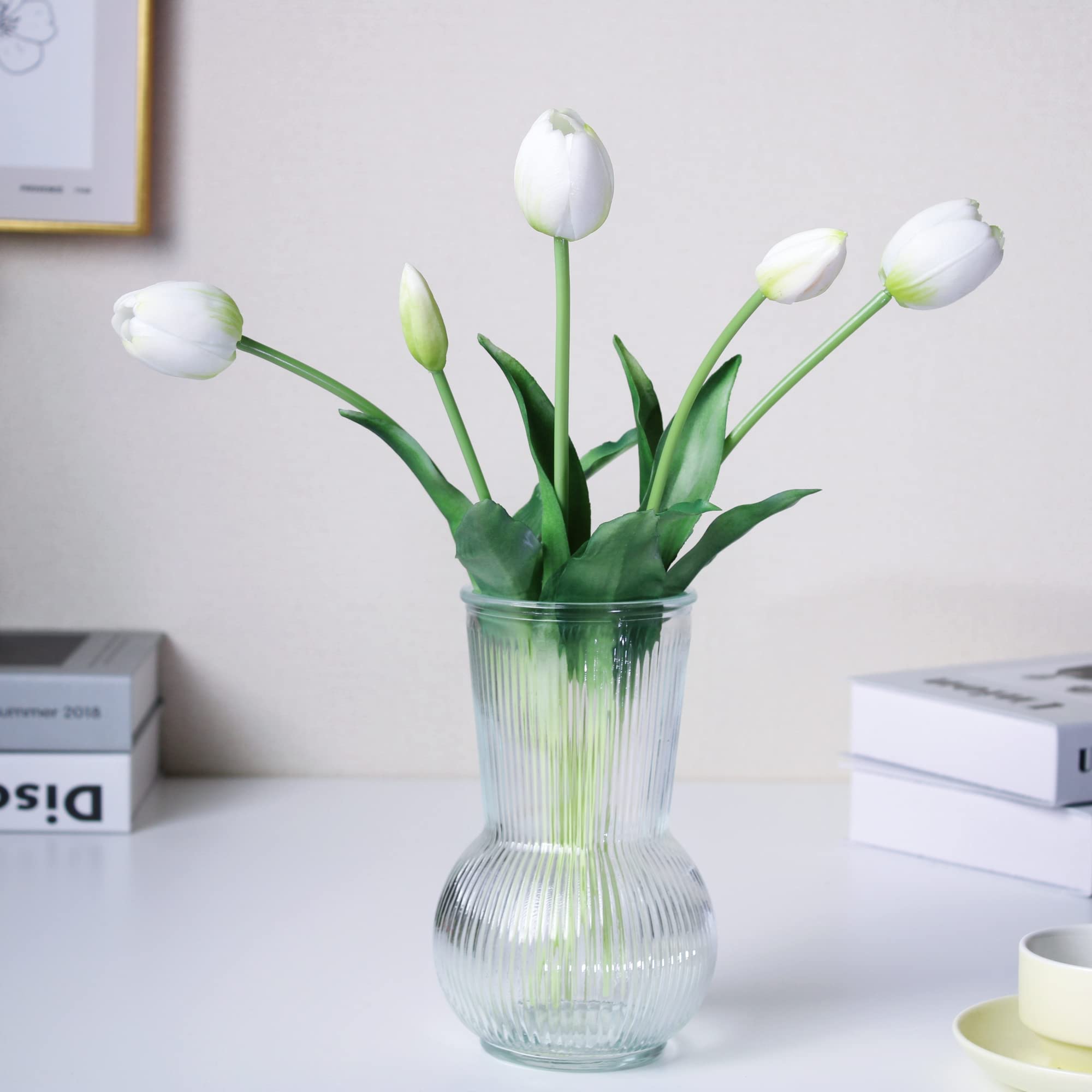 WAKISAKI 16-inch Premium Real Touch Fake Tulips, Artificial Flowers with Buds, Flexible Stem Easy to Shape, Faux Tulips (Vase not Included), 5-Pack Set of Peppermint White