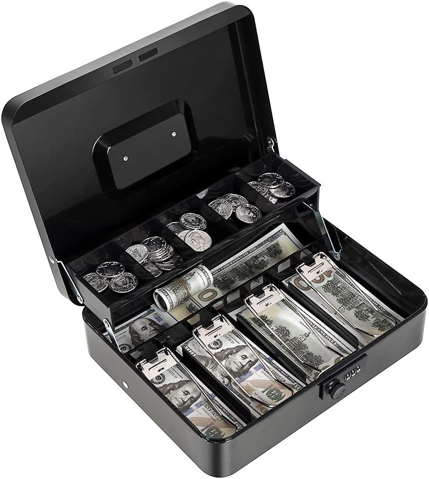 Cash Box with Money Tray and Combination Lock Metal Money Box Tiered Lock Box for Money 11.8" x 9.4" x 3.54" Black