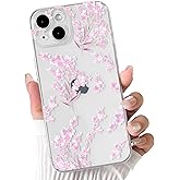 NITITOP Compatible with iPhone 14 Case Cute Clear Flower Floral Artistic Design for Women Girls Stylish Slim Soft TPU Shockproof Protective Girly Phone Cover - Pink