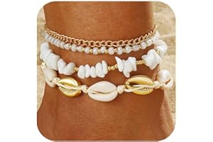 Qceasiy Shell Ankle Bracelet Set for Women, 14K Gold Boho Bead Adjustable Anklet, Hawaiian Beach Seashell Pearl Heart Starfish Conch Foot Jewelry Gifts