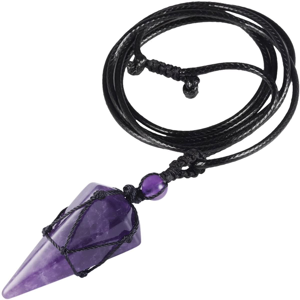 KYEYGWO Hexagonal Crystal Pendant with Adjustable Leather Cord, Polished Pointed Quartz Stone Healing Necklace Reiki Pendulum Chain, Amethyst