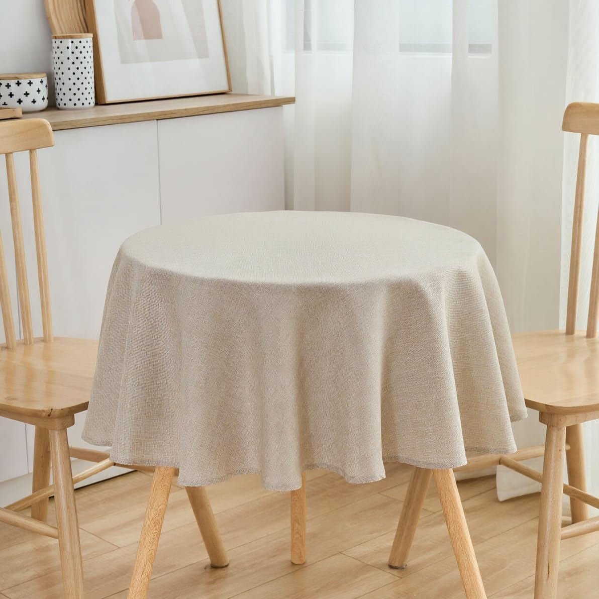 SPRICA Round Tablecloth 120cm Diameter Water Resistant Linen Texture Spill Proof Table Cover Solid Colour Circle Cover, Linen Colour