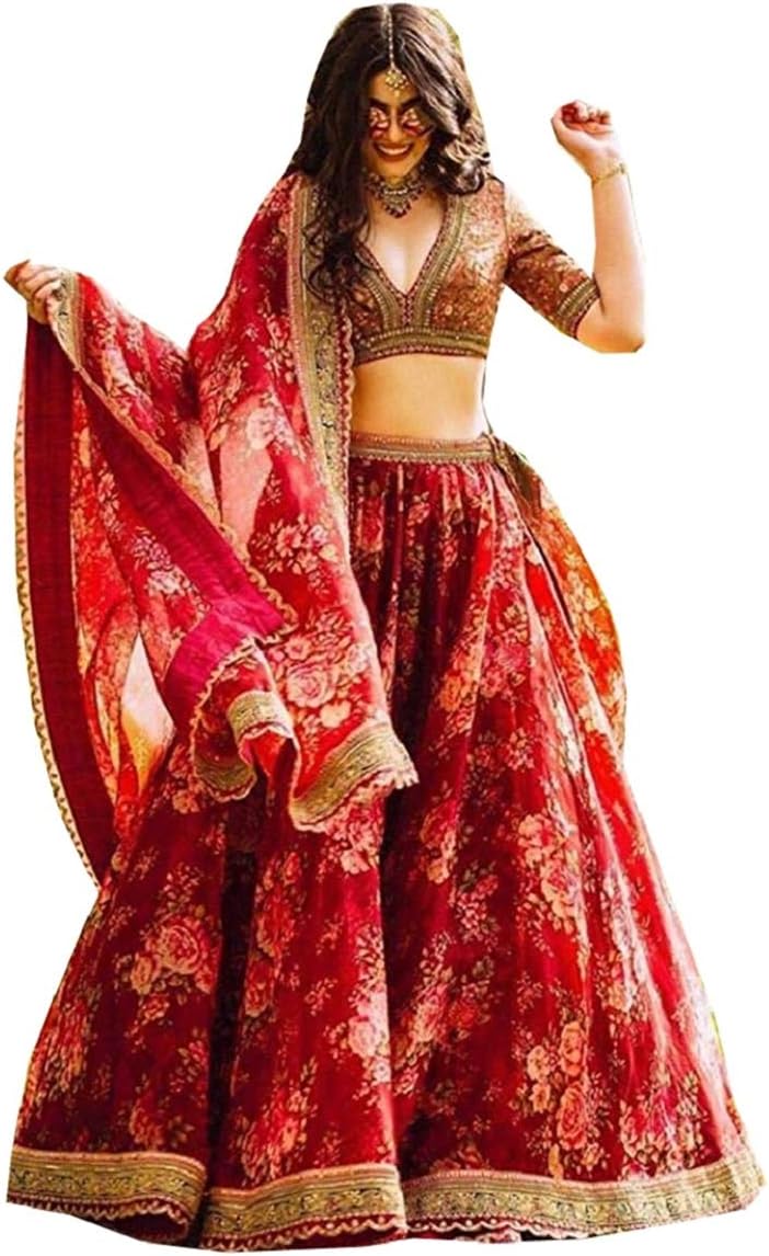 OrangeSell Women's Silk Digital Print Embroidery Lace Semi-Stitched Lehenga Choli