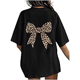 RoseSeek Girl's Bow Leopard Graphic Tees Short Sleeve Preppy Summer T Shirt Aesthetic Baggy Tops