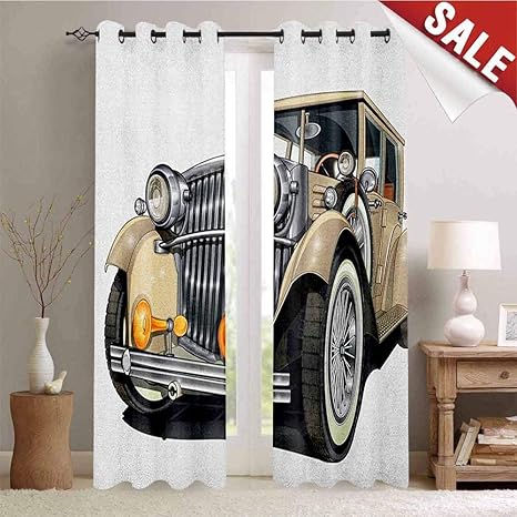 Amazon 車 遮光ウィンドウカーテン ヴィンテージレッド車 レトロスポーツカー 60年代から走行スピードのカスタマイズカーテン ピンクスレートブルー W72 X L96 Inch ラグ カーテン ファブリック オンライン通販