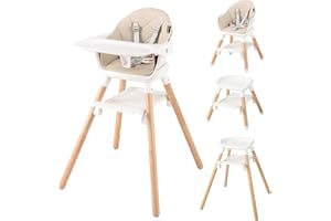 BABY JOY Baby High Chair, 6 in 1 Convertible Wooden High Chair for Babies & Toddlers with Adjustable Legs, Double Removable T
