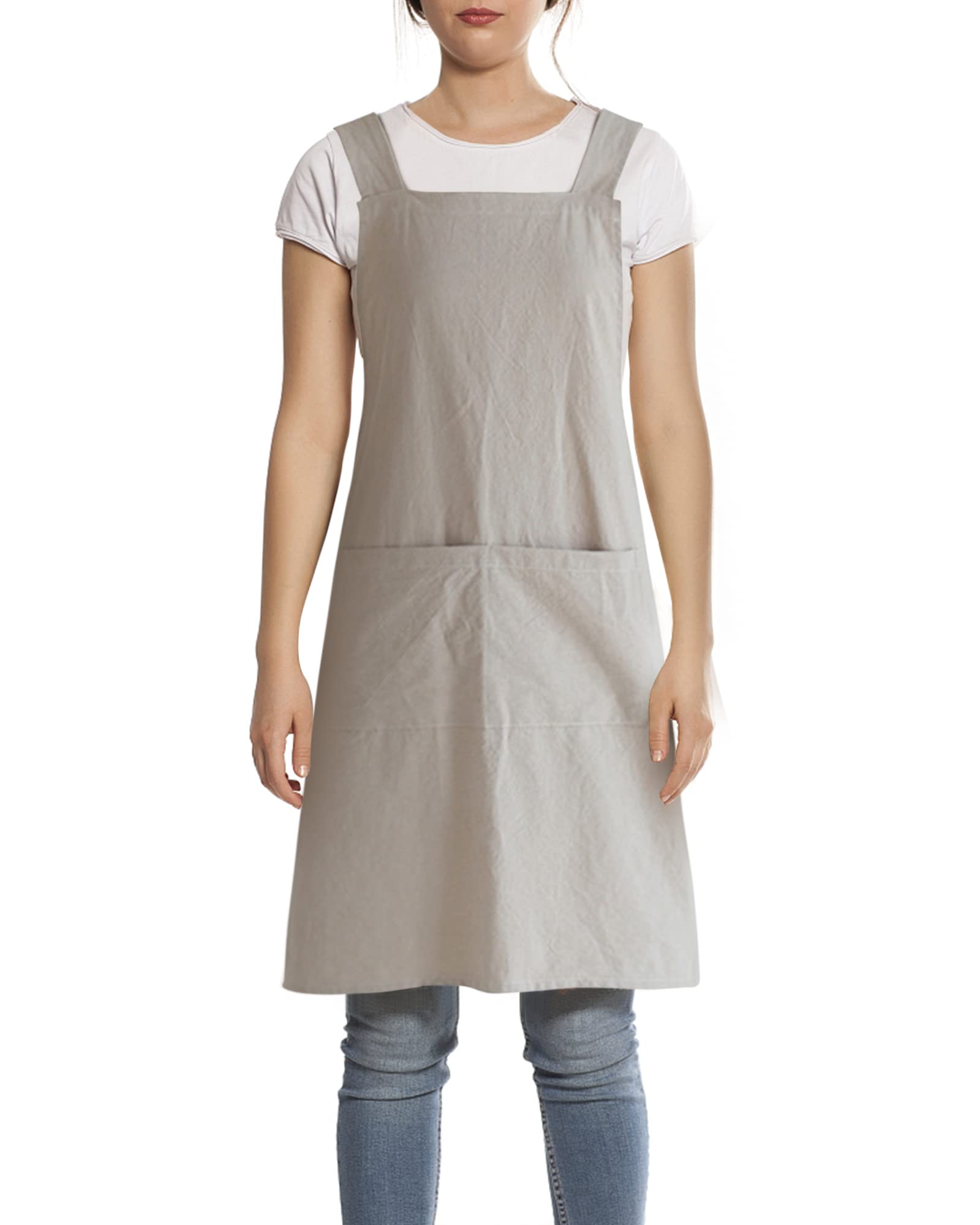 FBBULES Kitchen Apron with Pocket, Cotton Linen Japanese Style Apron, Cross Back Bandage Halter Pinafore, Solid Color Men Women Bib Chef Work Wear for Cooking Painting Gardening Baking, Khaki