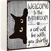 Funny Bathroom Cat Decor Welcome to the Bathroom Wooden Box Sign Black Cat Sign for Home Toilet Restroom Shelf Tabletop Desk-142