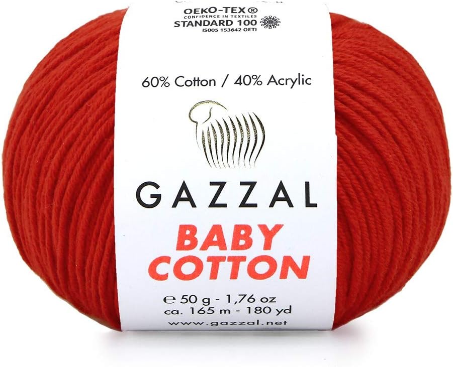 5 Skein (Pack) Total 8.8 Oz. Gazzal Baby Cotton Each 1.76 Oz (50g) / 150 Yrds (165m) Soft, Fine Baby Yarn, 60% Cotton, Red - 3443