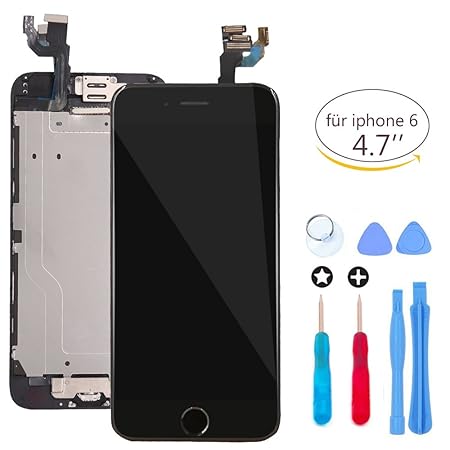 Bildschirm Ersatz für iPhone 6 schwarz LCD Touch Digitizer Vollanzeige mit Home-Taste + Frontkamera Näherungssensor + Ohr Lau