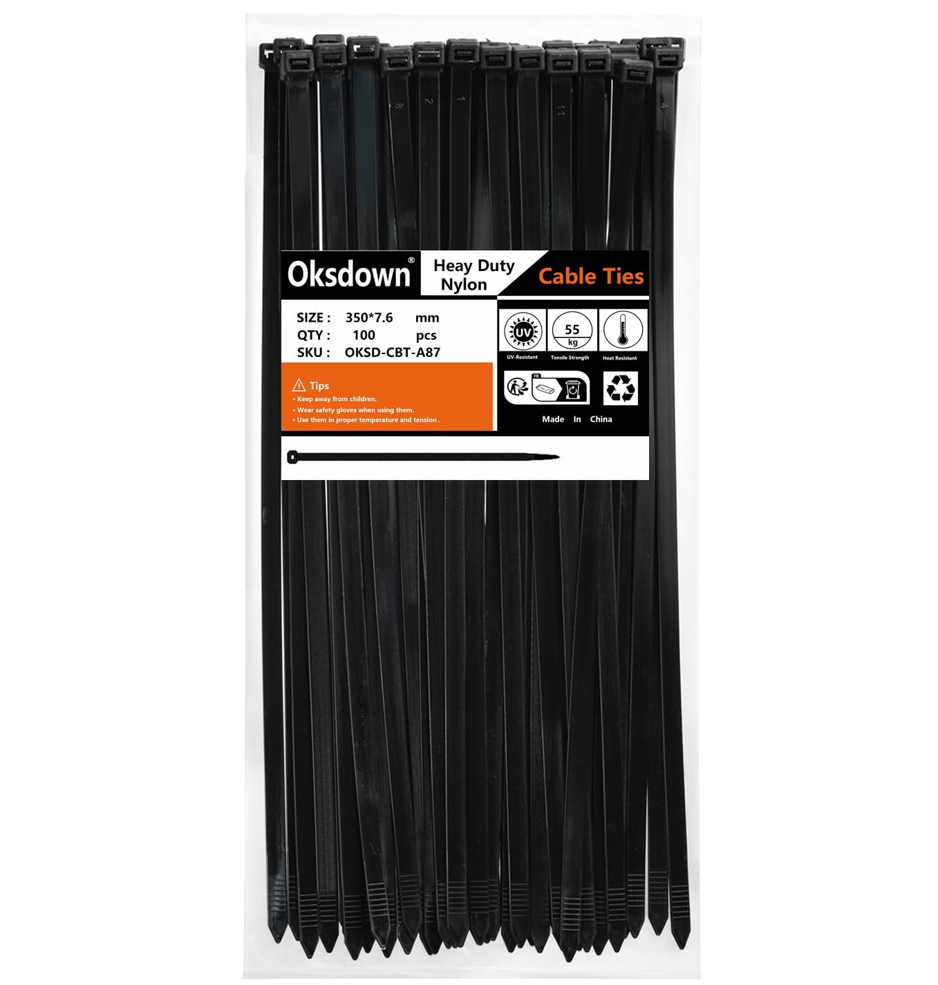Oksdown 100 Pack Black Thick Cable Ties Heavy Duty Large 350mm×7.6mm Strong Nylon Plastic Self Locking 14 inch/35 cm Extra Long Zip Tie Wraps — image 1