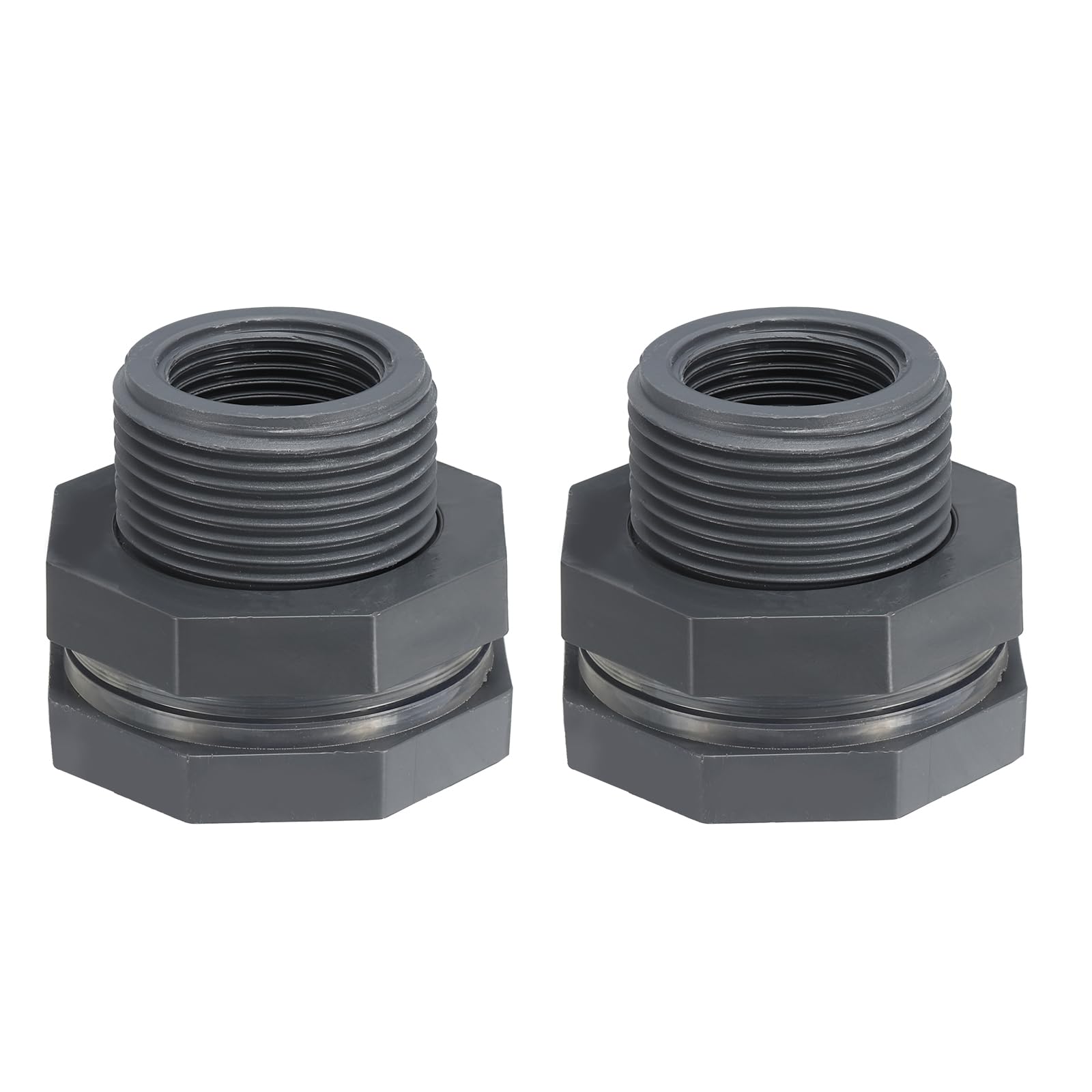 PATIKIL NPT 3/4 PVC Bulkhead Fitting, 2 Pack Double Threaded Bulkhead Water Tank Connector with Seal Gasket for Rain Bucket Sinks Aquariums, Gray