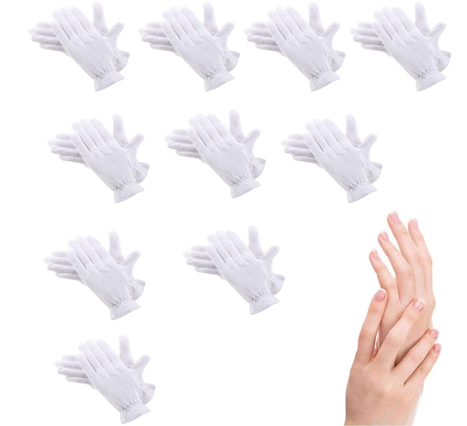 100% Cotton Gloves for Eczema,10 Pairs White Cotton Moisturizing Gloves Over Night Bedtime | Cosmetic Inspection Premium Cloth Quality | Dry Sensitive Irritated Skin Spa Therapy Secure Wristband — image 1