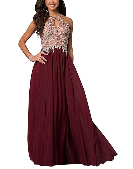 Cloverbridal Damen Abendkleider mit Gold Spitzen Applikationen Schlüsselloch Partykleider