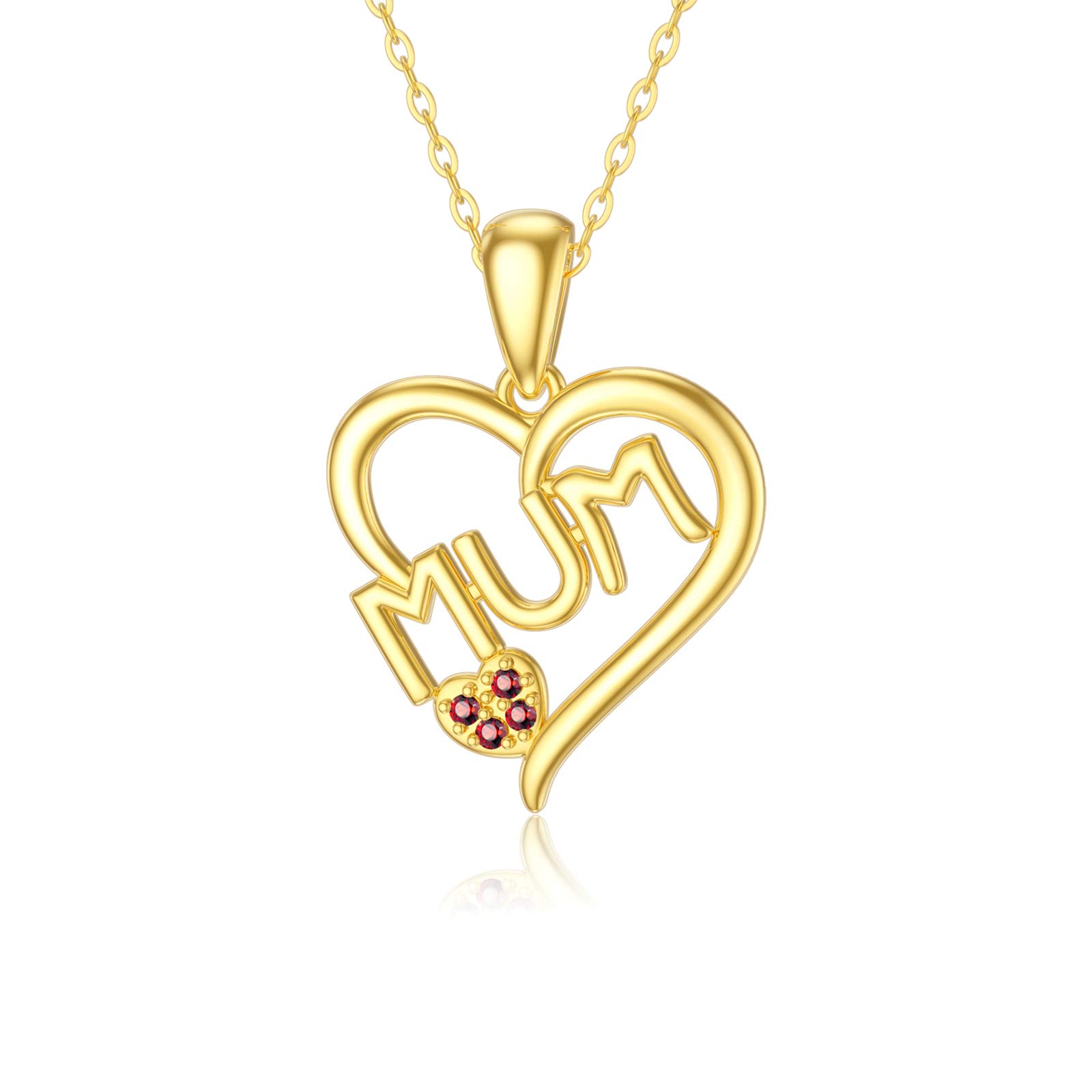 SISGEM 9 ct Gold Heart Necklace for Mum, Solid Gold Open Heart Pendant Necklace with Ruby, Gift for Mother's Day, 16"+1"+1"