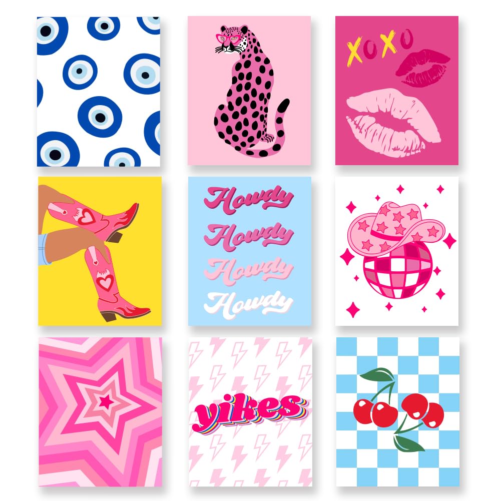 SUPERDANT Pink Blue Art Poster Modern Aesthetics Canvas Prints Poster Cheetah Red Lips Wall Poster Personalised Wall Art Prints for Preppy Room Bedroom Living Room Decoration Unframed Set of 9