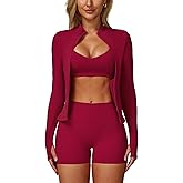 ABOCIW 3 Piece Workout Sets for Women Zipper Long Sleeve Jacket Y Back Sports Bra High Waist Shorts Yoga Gym Sets