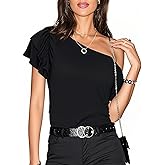 LEIYEE Womens Summer Off The Shoulder Tops Sexy Casual Cute Ruffle Short Sleeve Going Out Vacation T Shirts Blouses